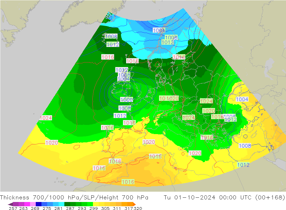 Thck 700-1000 hPa UK-Global Út 01.10.2024 00 UTC