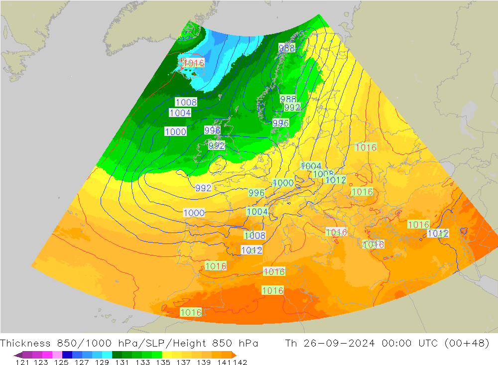 Thck 850-1000 hPa UK-Global  26.09.2024 00 UTC
