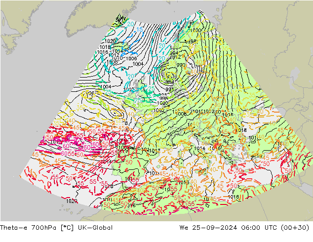 Theta-e 700hPa UK-Global We 25.09.2024 06 UTC
