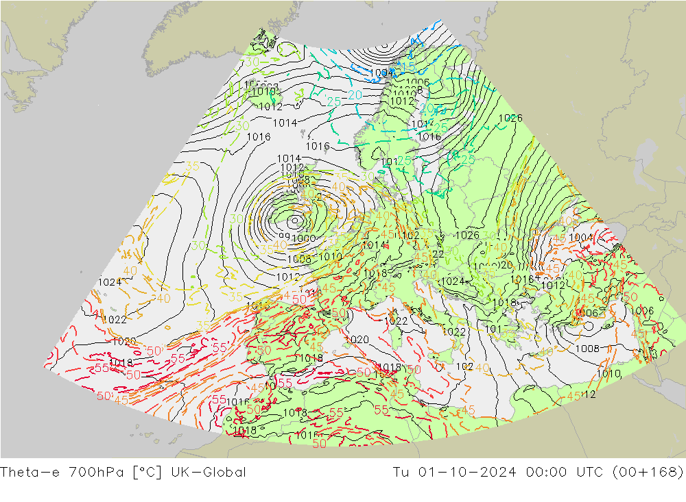 Theta-e 700hPa UK-Global  01.10.2024 00 UTC