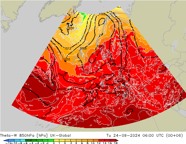 Theta-W 850гПа UK-Global вт 24.09.2024 06 UTC