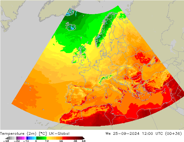 Temperatura (2m) UK-Global Qua 25.09.2024 12 UTC