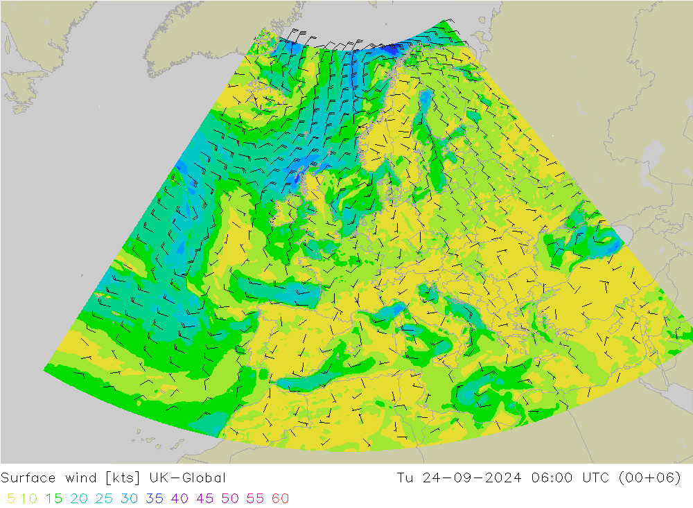 Surface wind UK-Global Tu 24.09.2024 06 UTC