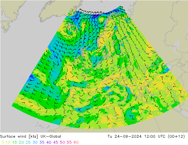 Vento 10 m UK-Global mar 24.09.2024 12 UTC