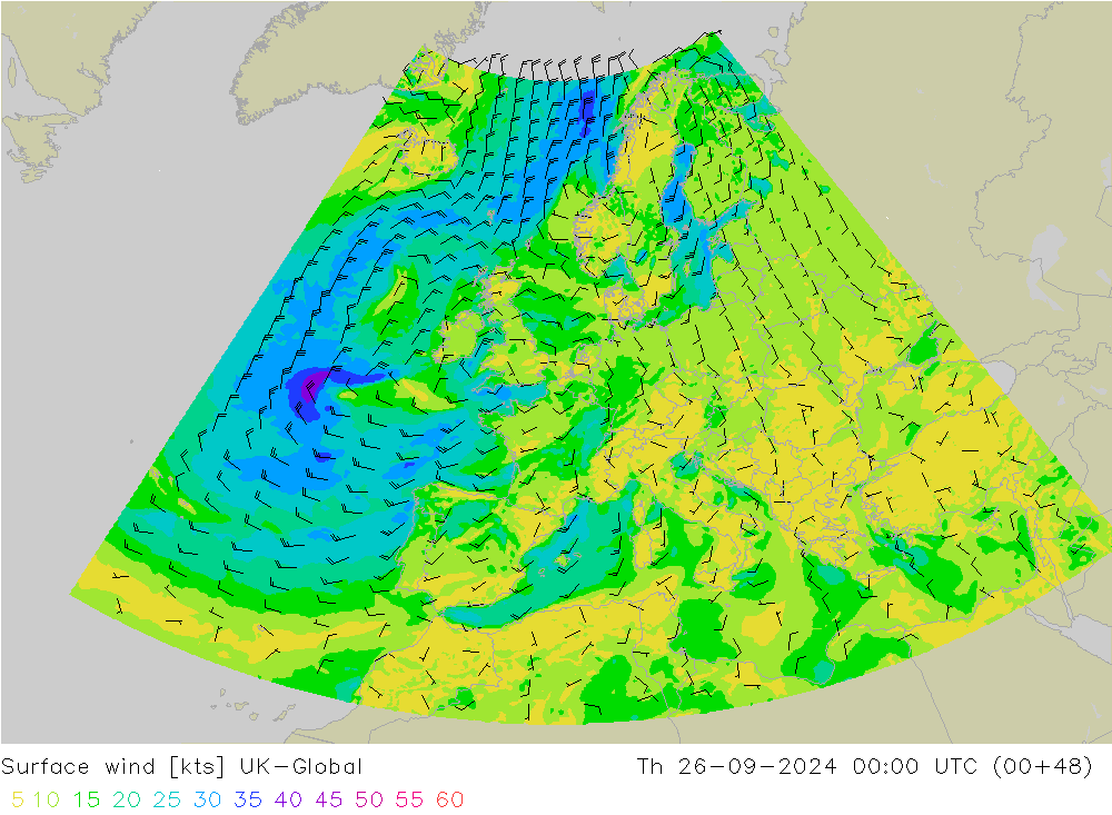 Wind 10 m UK-Global do 26.09.2024 00 UTC