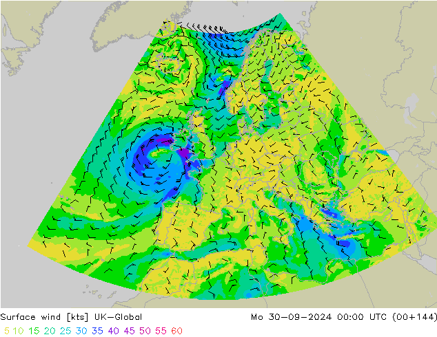 Surface wind UK-Global Mo 30.09.2024 00 UTC