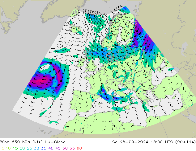 Wind 850 hPa UK-Global Sa 28.09.2024 18 UTC