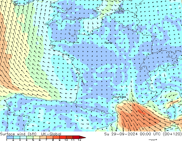 Surface wind (bft) UK-Global Su 29.09.2024 00 UTC