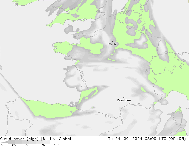 Cloud cover (high) UK-Global Tu 24.09.2024 03 UTC