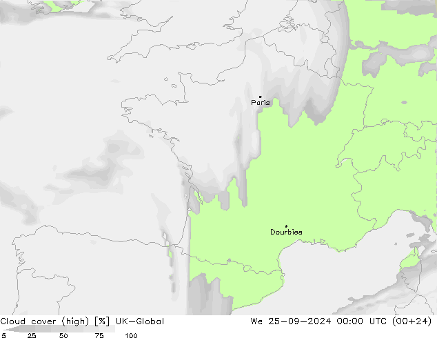 Cloud cover (high) UK-Global We 25.09.2024 00 UTC