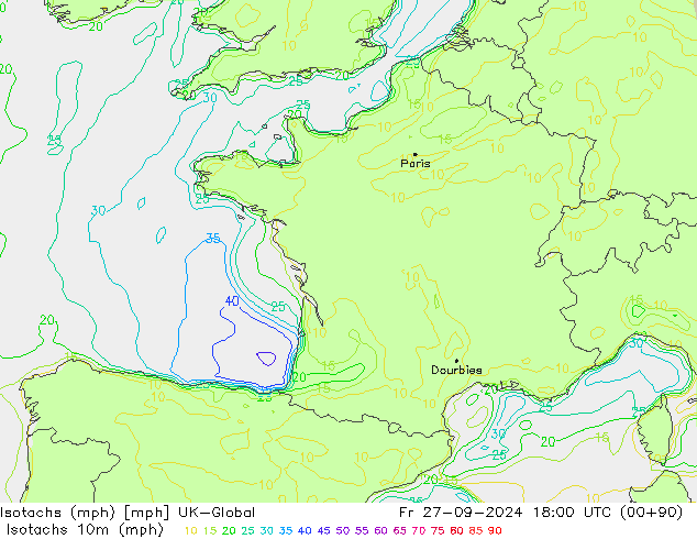 Isotachs (mph) UK-Global Fr 27.09.2024 18 UTC