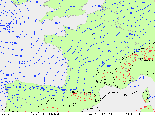 Pressione al suolo UK-Global mer 25.09.2024 06 UTC