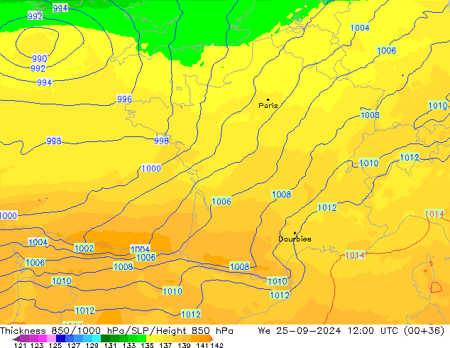 Thck 850-1000 hPa UK-Global We 25.09.2024 12 UTC