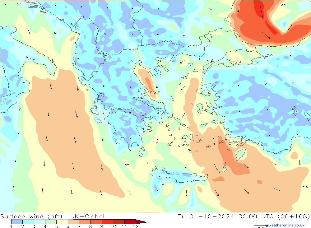 Surface wind (bft) UK-Global Tu 01.10.2024 00 UTC