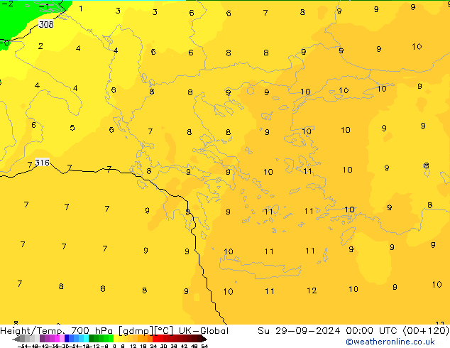 Height/Temp. 700 hPa UK-Global Su 29.09.2024 00 UTC