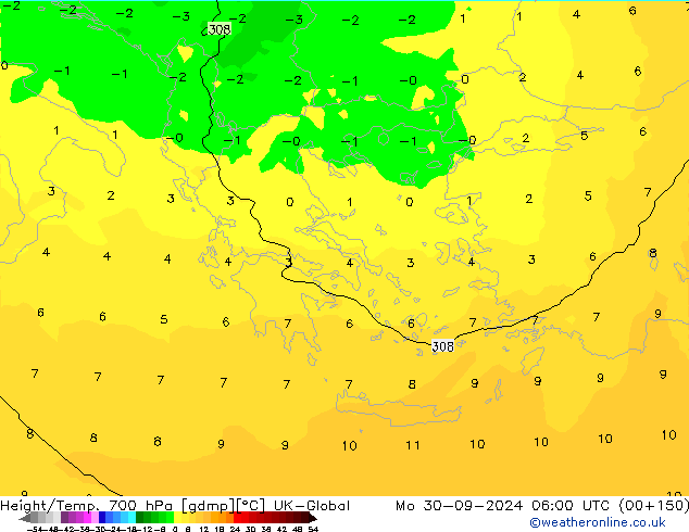Hoogte/Temp. 700 hPa UK-Global ma 30.09.2024 06 UTC