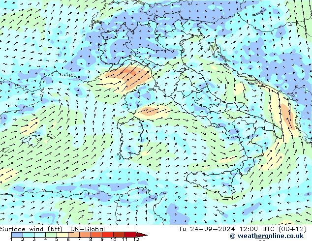 Surface wind (bft) UK-Global Tu 24.09.2024 12 UTC