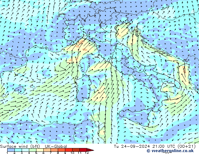 Viento 10 m (bft) UK-Global mar 24.09.2024 21 UTC