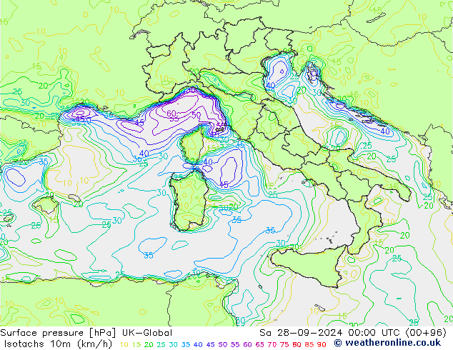 Izotacha (km/godz) UK-Global so. 28.09.2024 00 UTC