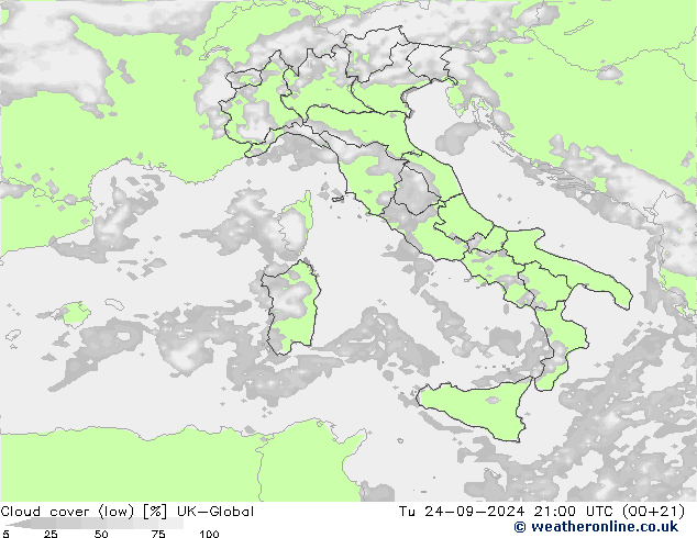 Cloud cover (low) UK-Global Tu 24.09.2024 21 UTC