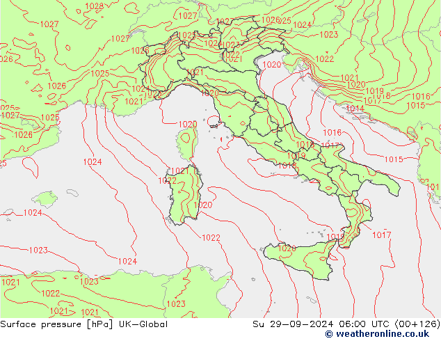 Surface pressure UK-Global Su 29.09.2024 06 UTC