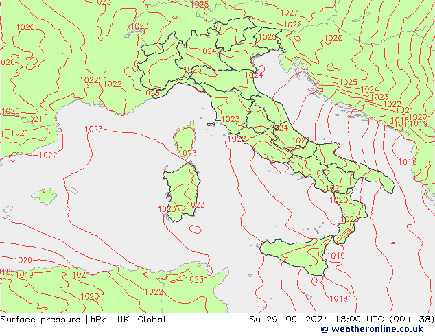 Pressione al suolo UK-Global dom 29.09.2024 18 UTC