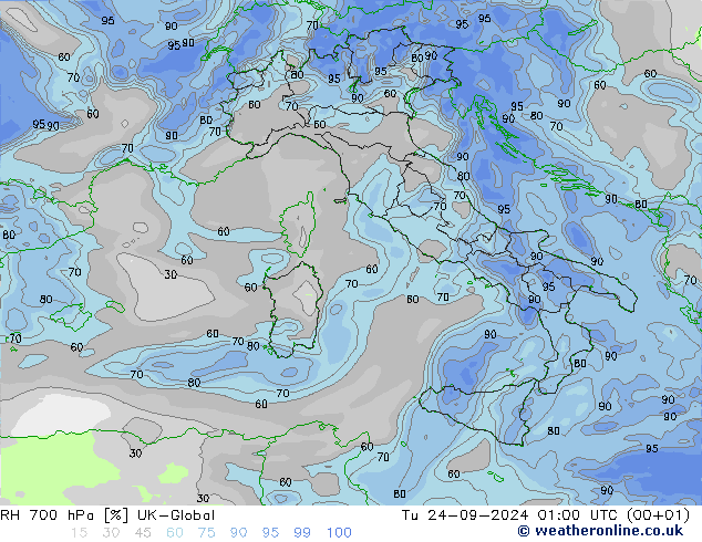 RH 700 hPa UK-Global Tu 24.09.2024 01 UTC