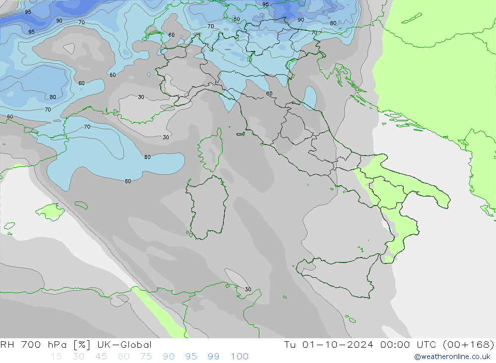 Humedad rel. 700hPa UK-Global mar 01.10.2024 00 UTC