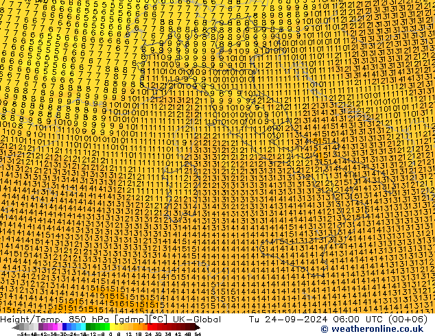 Height/Temp. 850 hPa UK-Global Tu 24.09.2024 06 UTC