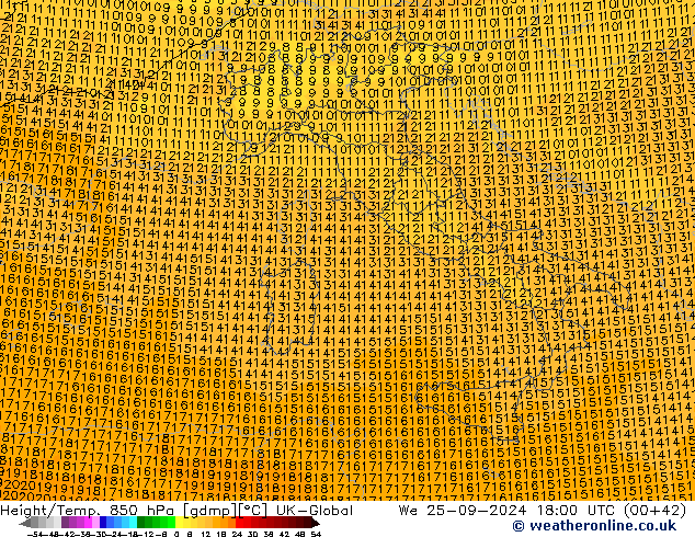 Height/Temp. 850 hPa UK-Global Mi 25.09.2024 18 UTC