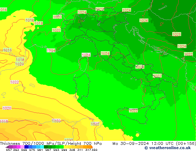 Dikte700-1000 hPa UK-Global ma 30.09.2024 12 UTC