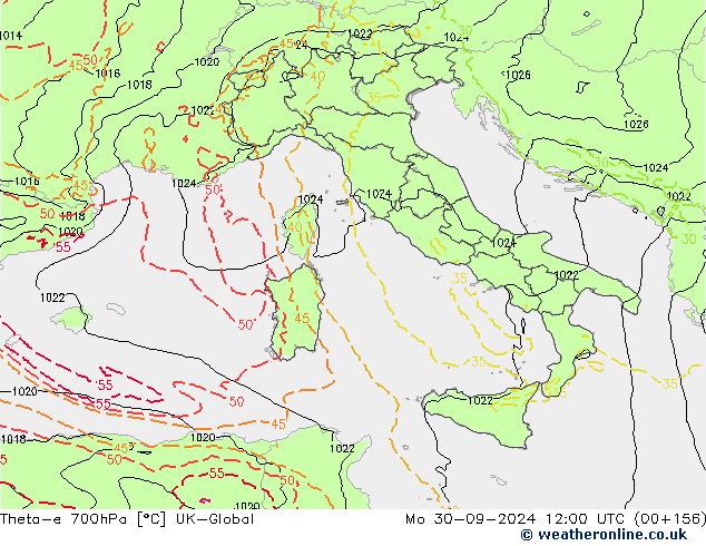 Theta-e 700hPa UK-Global ma 30.09.2024 12 UTC