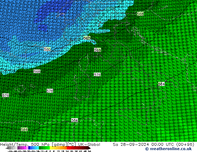 Height/Temp. 500 hPa UK-Global sab 28.09.2024 00 UTC