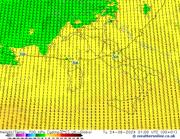 Height/Temp. 700 hPa UK-Global  24.09.2024 01 UTC