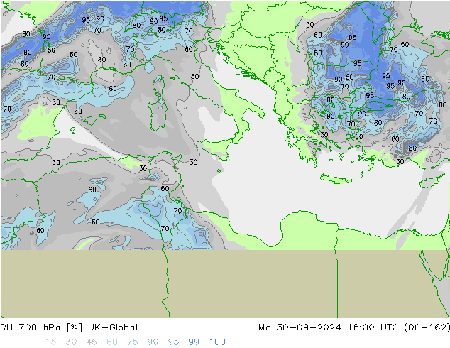 RH 700 hPa UK-Global Mo 30.09.2024 18 UTC
