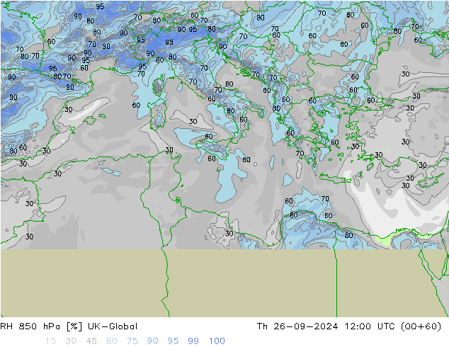 RH 850 hPa UK-Global Th 26.09.2024 12 UTC