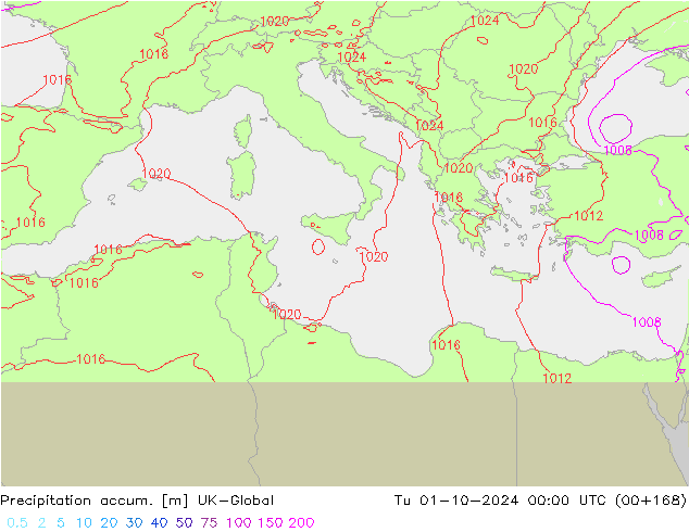 Precipitation accum. UK-Global Tu 01.10.2024 00 UTC