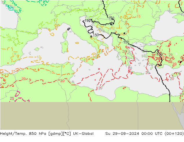 Height/Temp. 850 hPa UK-Global dom 29.09.2024 00 UTC