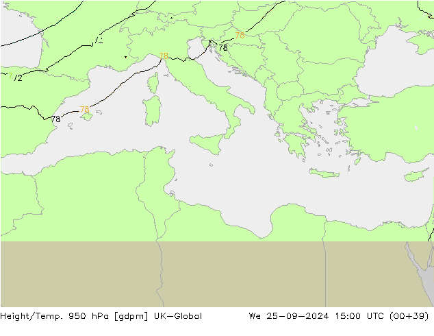 Geop./Temp. 950 hPa UK-Global mié 25.09.2024 15 UTC