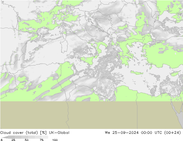 Cloud cover (total) UK-Global St 25.09.2024 00 UTC