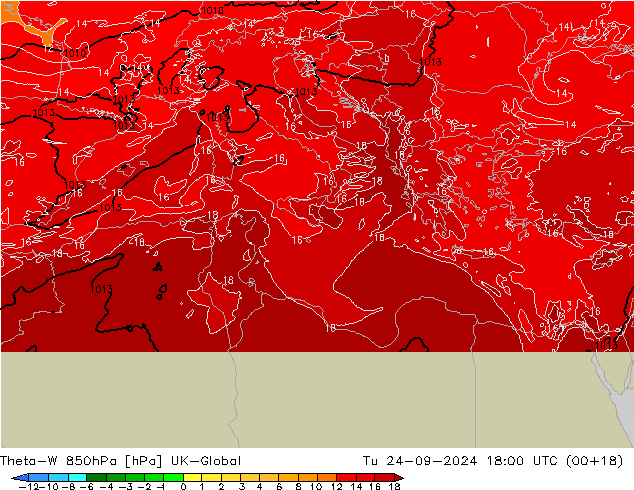 Theta-W 850hPa UK-Global Tu 24.09.2024 18 UTC