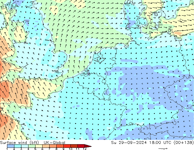 Surface wind (bft) UK-Global Su 29.09.2024 18 UTC