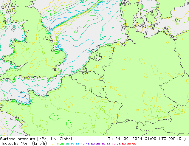 Isotachs (kph) UK-Global mar 24.09.2024 01 UTC