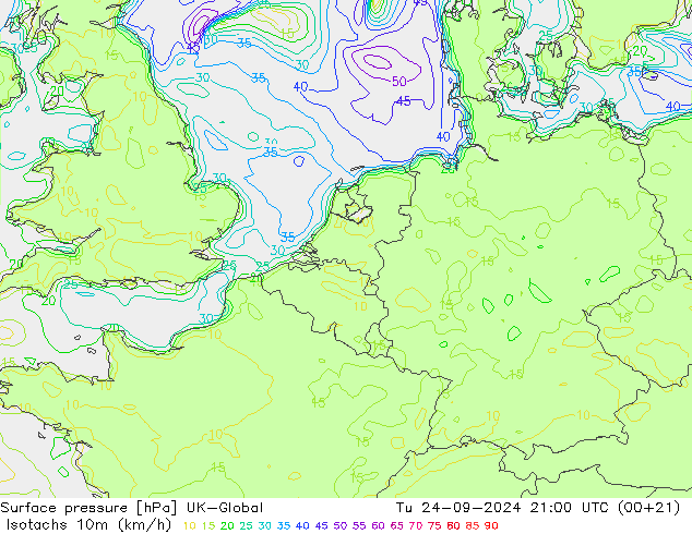 Isotachs (kph) UK-Global Tu 24.09.2024 21 UTC