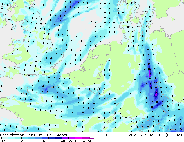 Precipitation (6h) UK-Global Út 24.09.2024 06 UTC