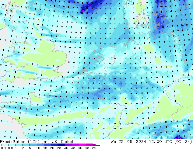 Precipitação (12h) UK-Global Qua 25.09.2024 00 UTC