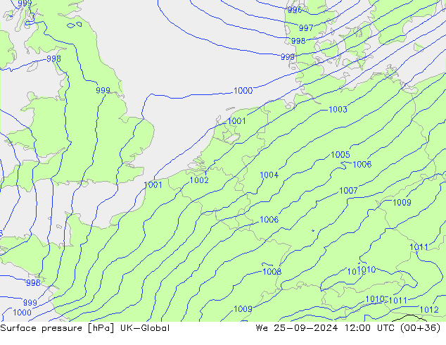 Pressione al suolo UK-Global mer 25.09.2024 12 UTC