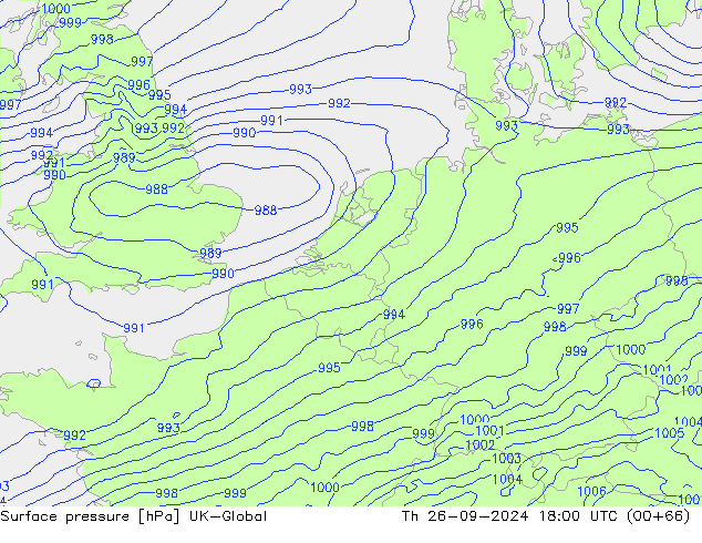 Pressione al suolo UK-Global gio 26.09.2024 18 UTC