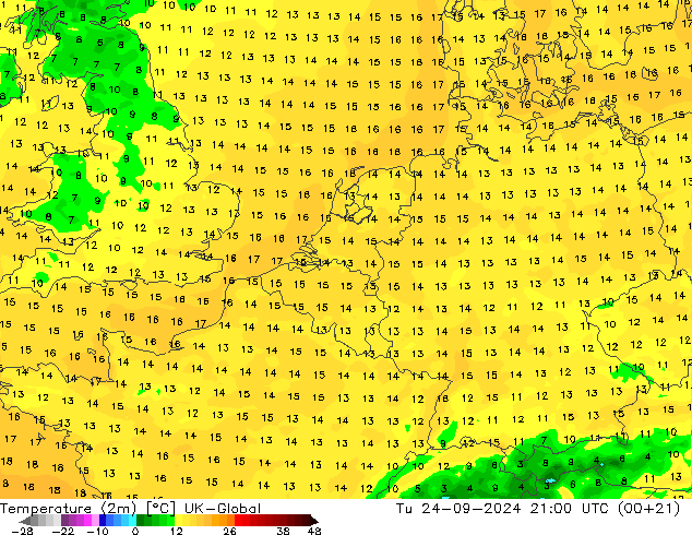 Temperature (2m) UK-Global Út 24.09.2024 21 UTC