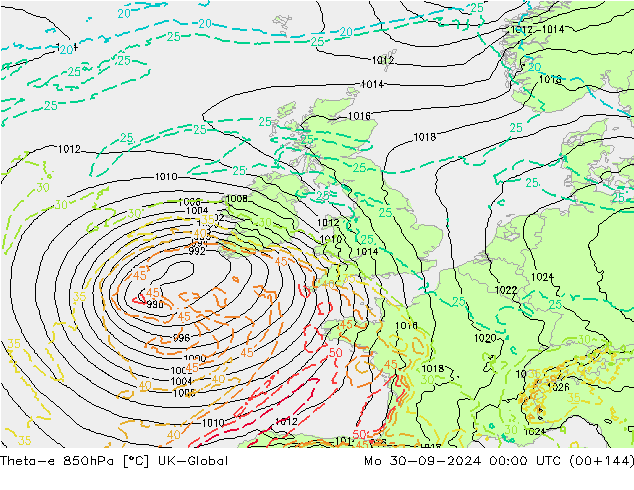 Theta-e 850hPa UK-Global Mo 30.09.2024 00 UTC